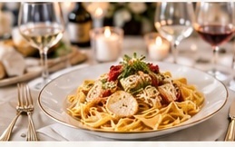 Italian-inspired pasta presented for a wedding buffet