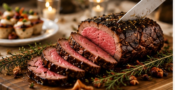 Herb-crusted beef tenderloin prepared for wedding dinner